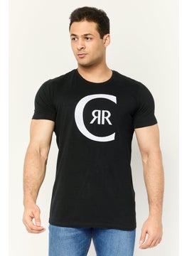 Men Round Neck Short Sleeves Brand Logo T-Shirt, Black