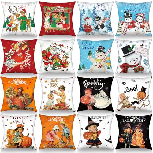 GlikCeil Set of 16 Halloween Pillow Covers 18 x 18 Inch Holiday Throw Pillow Covers Christmas Winter Fall Seasonal Pillowcases Decorative Cushion Pillowcases for Farmhouse Home Couch Sofa Decor - Image 1