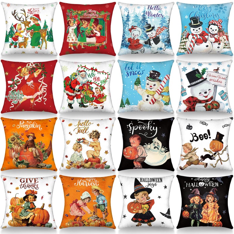 GlikCeil Set of 16 Halloween Pillow Covers 18 x 18 Inch Holiday Throw Pillow Covers Christmas Winter Fall Seasonal Pillowcases Decorative Cushion Pillowcases for Farmhouse Home Couch Sofa Decor - Image 2
