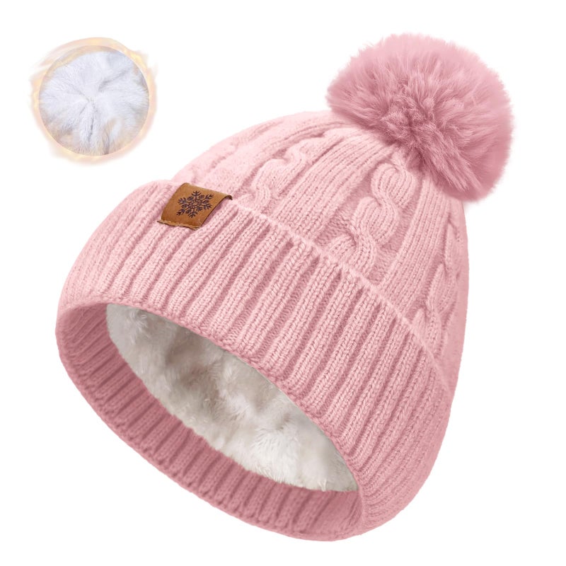 YUHAN PRETTY Winter Beanie Hats for Women Pom Pom Wool Cable Knit Thermal Fleece Warm Faux Fur Beanies for Cold Weather(Pink) - Image 1