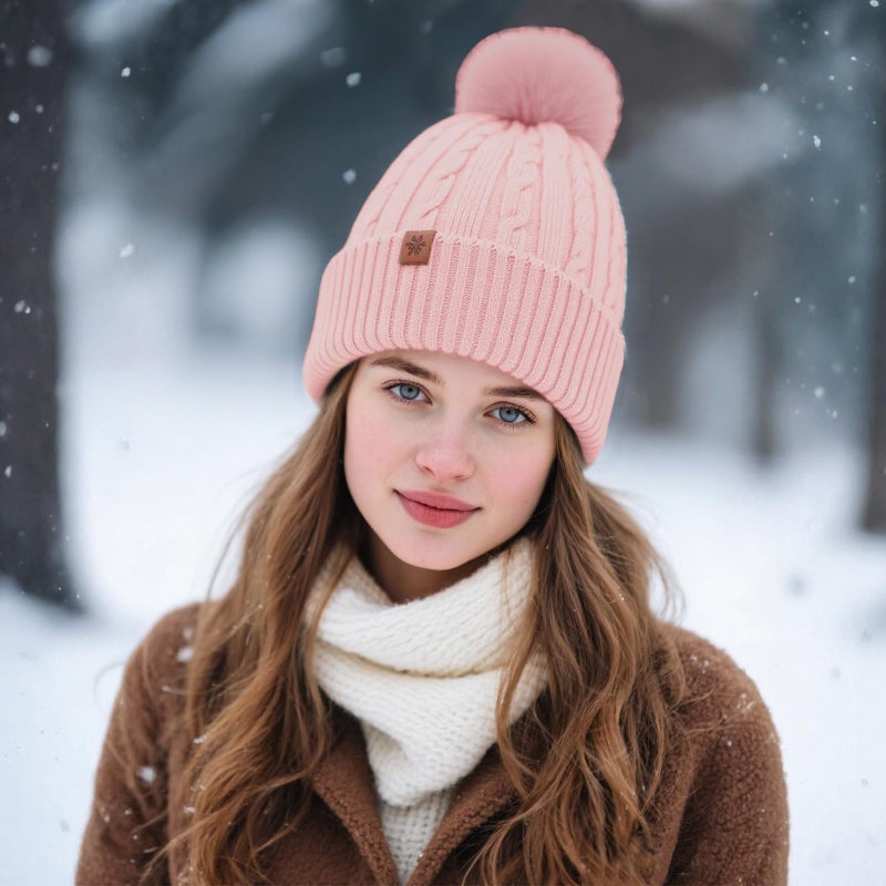 YUHAN PRETTY Winter Beanie Hats for Women Pom Pom Wool Cable Knit Thermal Fleece Warm Faux Fur Beanies for Cold Weather(Pink) - Image 5