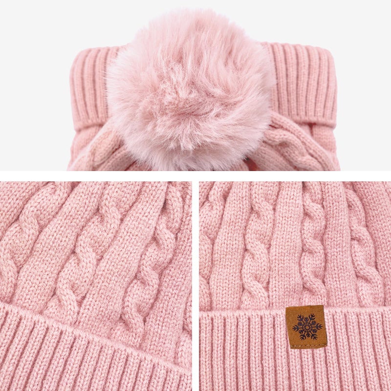 YUHAN PRETTY Winter Beanie Hats for Women Pom Pom Wool Cable Knit Thermal Fleece Warm Faux Fur Beanies for Cold Weather(Pink) - Image 4