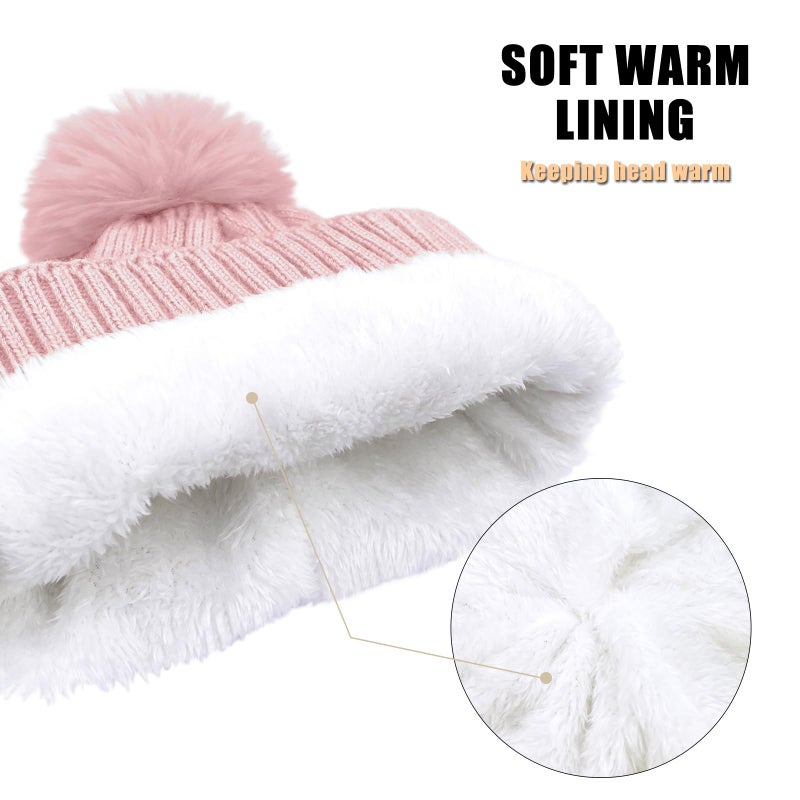 YUHAN PRETTY Winter Beanie Hats for Women Pom Pom Wool Cable Knit Thermal Fleece Warm Faux Fur Beanies for Cold Weather(Pink) - Image 3