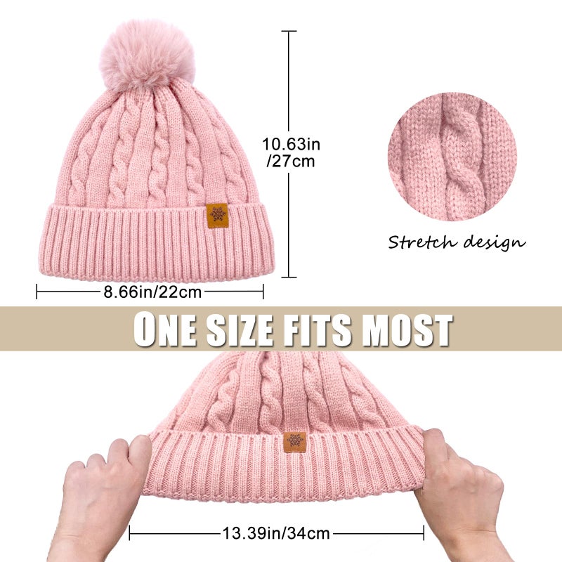 YUHAN PRETTY Winter Beanie Hats for Women Pom Pom Wool Cable Knit Thermal Fleece Warm Faux Fur Beanies for Cold Weather(Pink) - Image 2