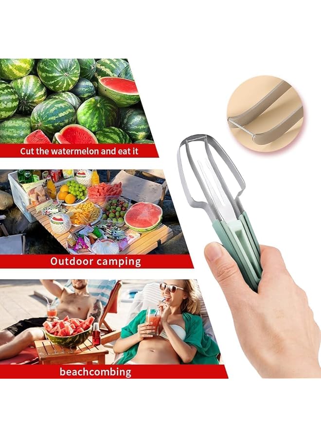 كاست ويف قطاعة شوكة البطيخ 3 في 1، أداة تقطيع البطيخ المصنوعة من الفولاذ المقاوم للصدأ، أداة تقطيع الفاكهة بسرعة وشوكة البطيخ وأدوات المطبخ للتخييم (أخضر + بيج) - Image 5