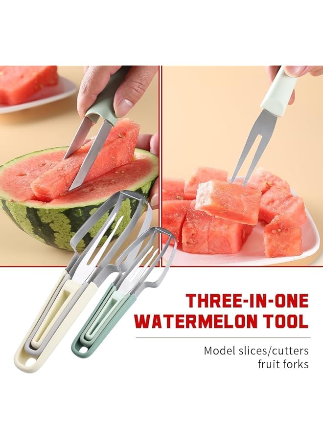 كاست ويف قطاعة شوكة البطيخ 3 في 1، أداة تقطيع البطيخ المصنوعة من الفولاذ المقاوم للصدأ، أداة تقطيع الفاكهة بسرعة وشوكة البطيخ وأدوات المطبخ للتخييم (أخضر + بيج) - Image 2