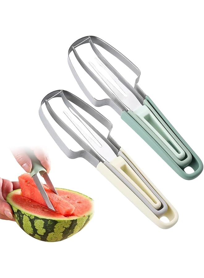 كاست ويف قطاعة شوكة البطيخ 3 في 1، أداة تقطيع البطيخ المصنوعة من الفولاذ المقاوم للصدأ، أداة تقطيع الفاكهة بسرعة وشوكة البطيخ وأدوات المطبخ للتخييم (أخضر + بيج) - Image 1