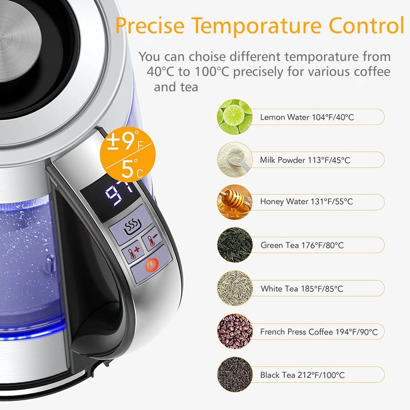 Pillarmax Electric Glass Kettle Temperature Controls with Removable Infuser 1.7 Liters 2200 W. Tea Maker Brewing Programs. Stainless Steel Glass Boiler, BPA-FREE - Image 2