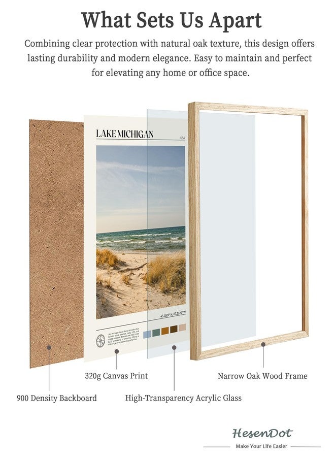 HesenDot Natural OAK Wood Lake Michigan Framed Wall Art,12x16in Natural Scenery Canvas Wall Print,Classic Urban City Landmark Wall Decor for Living Room,Bedroom,Office Gallery Gifts Set of 1 - Image 4