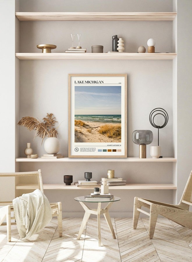 HesenDot Natural OAK Wood Lake Michigan Framed Wall Art,12x16in Natural Scenery Canvas Wall Print,Classic Urban City Landmark Wall Decor for Living Room,Bedroom,Office Gallery Gifts Set of 1 - Image 2