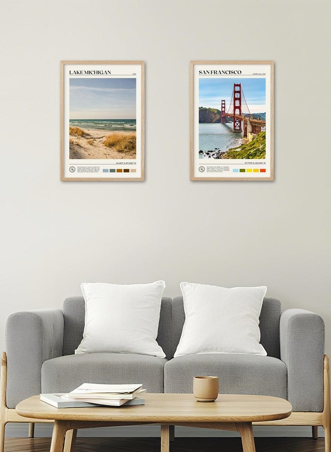 HesenDot Natural OAK Wood Lake Michigan Framed Wall Art,12x16in Natural Scenery Canvas Wall Print,Classic Urban City Landmark Wall Decor for Living Room,Bedroom,Office Gallery Gifts Set of 1 - Image 3