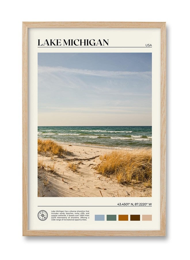 HesenDot Natural OAK Wood Lake Michigan Framed Wall Art,12x16in Natural Scenery Canvas Wall Print,Classic Urban City Landmark Wall Decor for Living Room,Bedroom,Office Gallery Gifts Set of 1 - Image 1