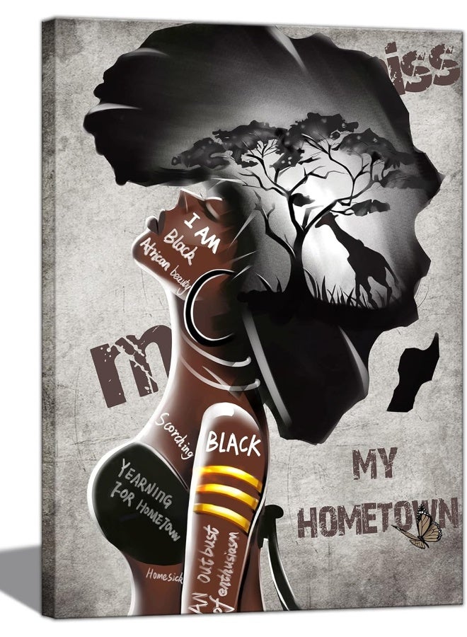 Home Trove African American Wall Art Black Women Girls Canvas Prints Poster Painting Decor Africa Map Black Art Picture For Wall Framed African Women Wall Art Decorate For Living Room Bedroom Decor Ready To Hang - Image 1