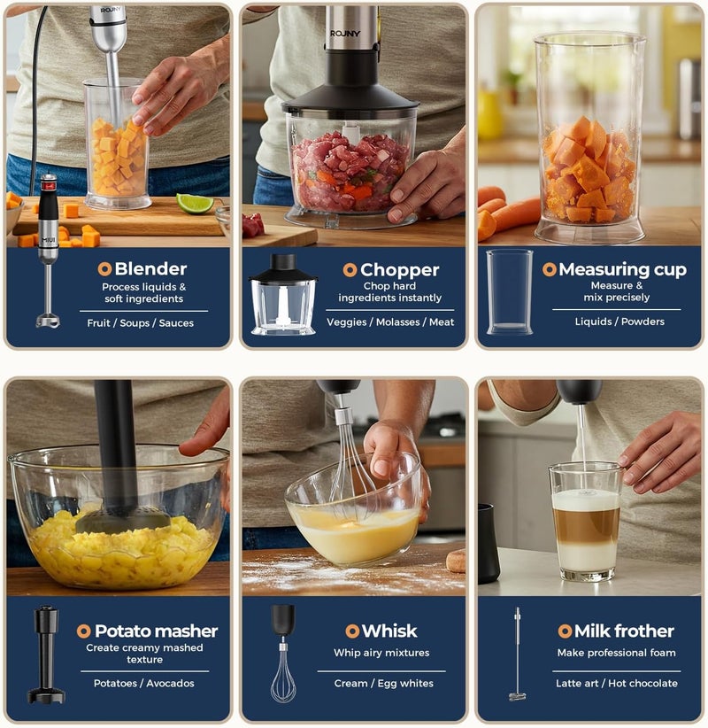 ROUNY Immersion Hand Blenders,6 in 1 Immersion Blender Handheld,1500W Steel Stick Blender,12 Speed and Turbo Mode, Whisk, Beaker, Masher, Milk Frother, 2-Cup Food Processor for Kitchen and Food - Image 5