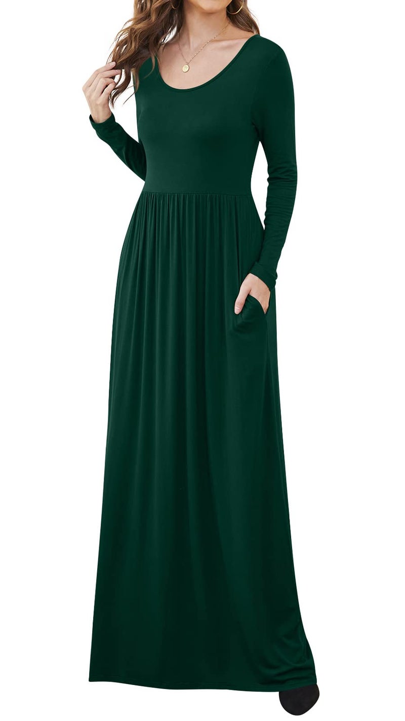 DB MOON Women Casual Long Sleeve Dark Green Maxi Dresses Empire Waist Long Dress with Pockets L - Image 2