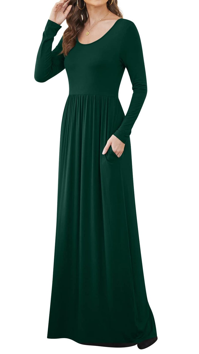 DB MOON Women Casual Long Sleeve Dark Green Maxi Dresses Empire Waist Long Dress with Pockets L - Image 4