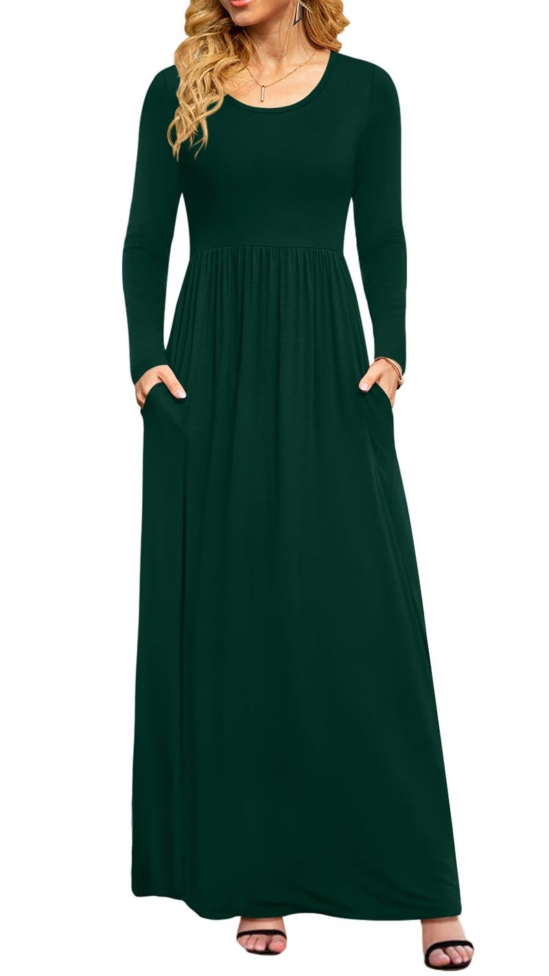 DB MOON Women Casual Long Sleeve Dark Green Maxi Dresses Empire Waist Long Dress with Pockets L - Image 1