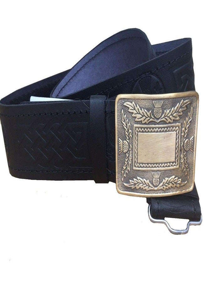 AAR Black Leather Thistle Design Scottish Highland Kilt Belt With Antique Finish Buckle - Image 1