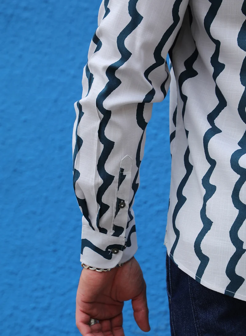 Instafab Plus Instafab Plus Men's White & Navy Blue Contrast Paint Lines Shirt For Casual Wear | Spread Collar | Long Sleeve | Button Closure | Cotton Shirt Crafted With Comfort Fit For Everyday Wear