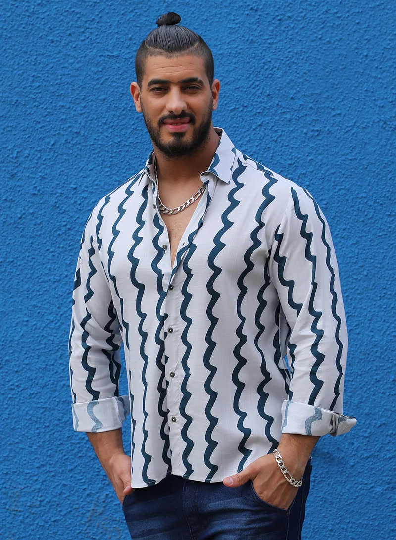 Instafab Plus Instafab Plus Men's White & Navy Blue Contrast Paint Lines Shirt For Casual Wear | Spread Collar | Long Sleeve | Button Closure | Cotton Shirt Crafted With Comfort Fit For Everyday Wear