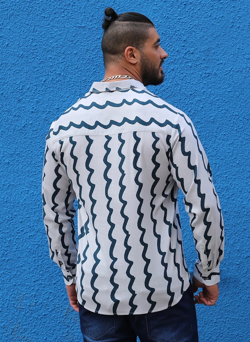 Instafab Plus Instafab Plus Men's White & Navy Blue Contrast Paint Lines Shirt For Casual Wear | Spread Collar | Long Sleeve | Button Closure | Cotton Shirt Crafted With Comfort Fit For Everyday Wear