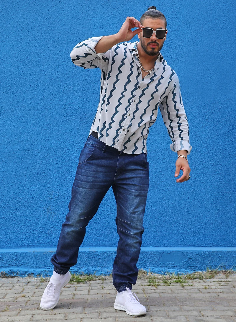 Instafab Plus Instafab Plus Men's White & Navy Blue Contrast Paint Lines Shirt For Casual Wear | Spread Collar | Long Sleeve | Button Closure | Cotton Shirt Crafted With Comfort Fit For Everyday Wear
