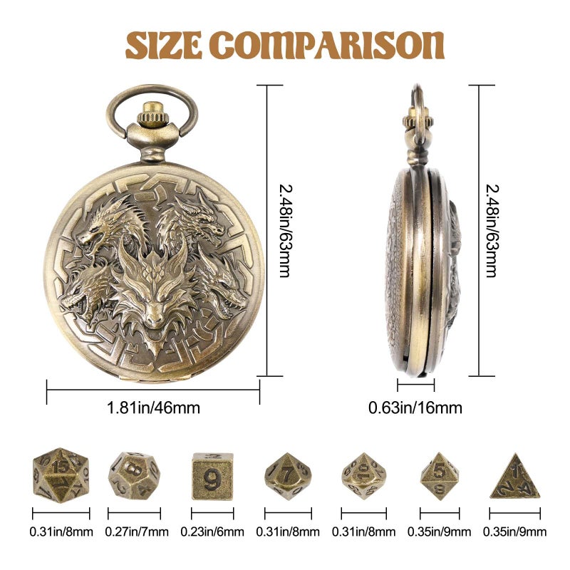 Banloga D&D Dice Set,7PCS Metal Dice for Dungeons and Dragons,Mini Dice Set with Pocket Watch Case,Role Playing Board Games Accessories (Dragon, Bronze) - Image 3