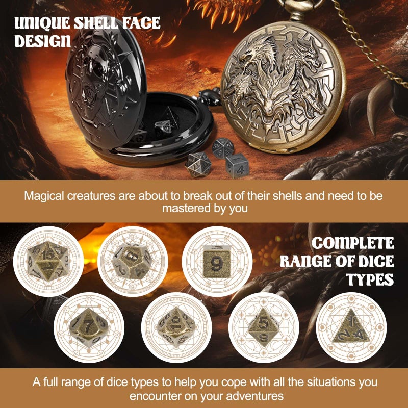 Banloga D&D Dice Set,7PCS Metal Dice for Dungeons and Dragons,Mini Dice Set with Pocket Watch Case,Role Playing Board Games Accessories (Dragon, Bronze) - Image 2