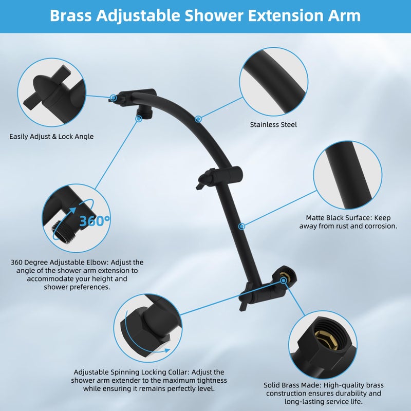 Hibbent All Metal Rain Filtered Shower Head, 10'' High Pressure Rainfall Showerhead with 16" Shower Head Extension Arm, 20 Stage Shower Filter, Solid Brass Adjustable Shower Arm Extender, Matte Black - Image 4