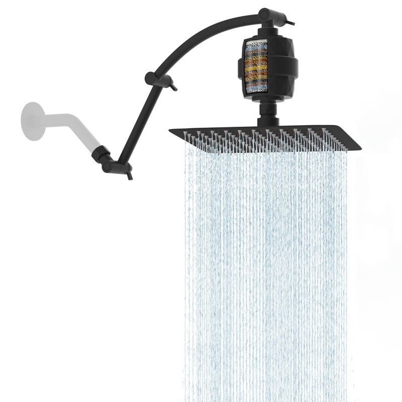 Hibbent All Metal Rain Filtered Shower Head, 10'' High Pressure Rainfall Showerhead with 16" Shower Head Extension Arm, 20 Stage Shower Filter, Solid Brass Adjustable Shower Arm Extender, Matte Black - Image 1