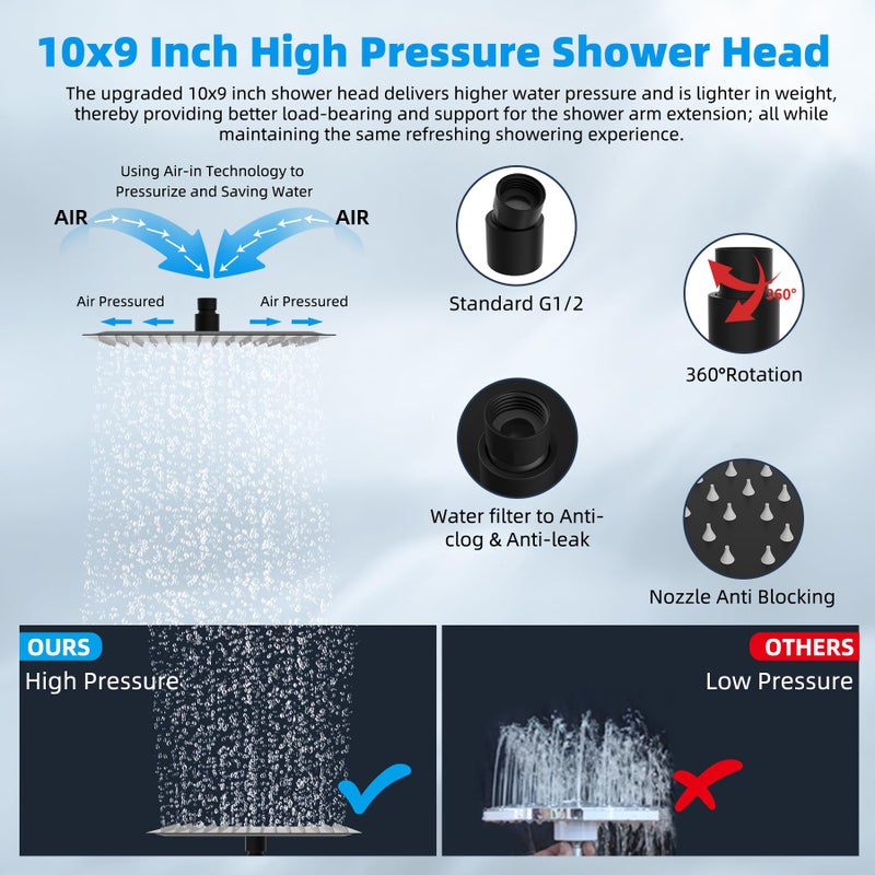 Hibbent All Metal Rain Filtered Shower Head, 10'' High Pressure Rainfall Showerhead with 16" Shower Head Extension Arm, 20 Stage Shower Filter, Solid Brass Adjustable Shower Arm Extender, Matte Black - Image 2