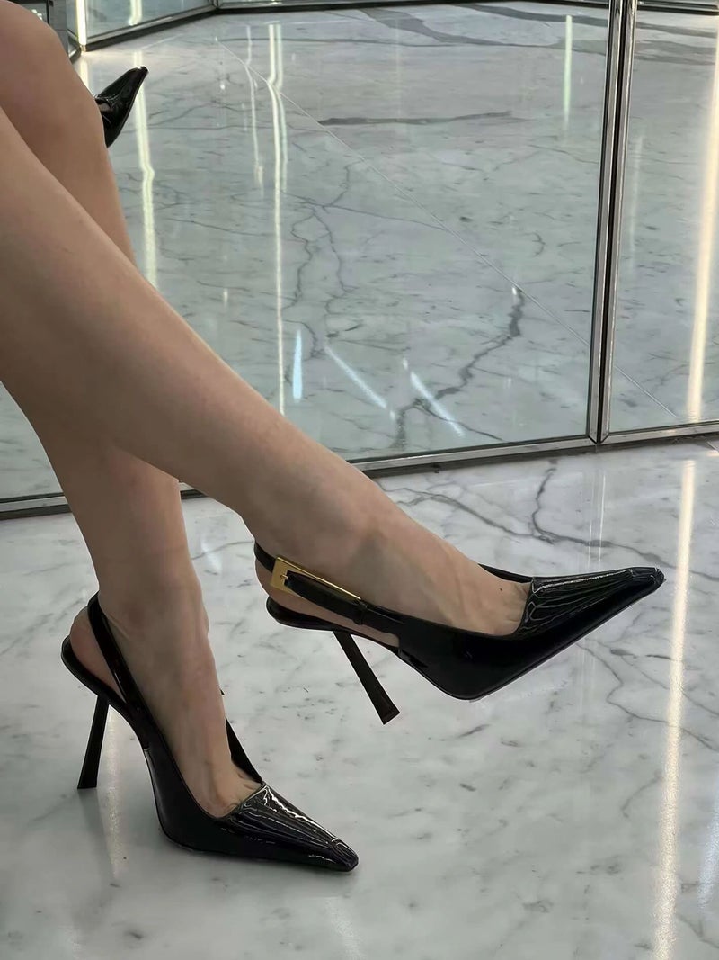 أحذية كعب عالي سوداء مربعة الأصابع بتصميم يانغ شولين 2024 ربيع مبكر جديدة بكعب معدني مغلق الأصابع - Image 5