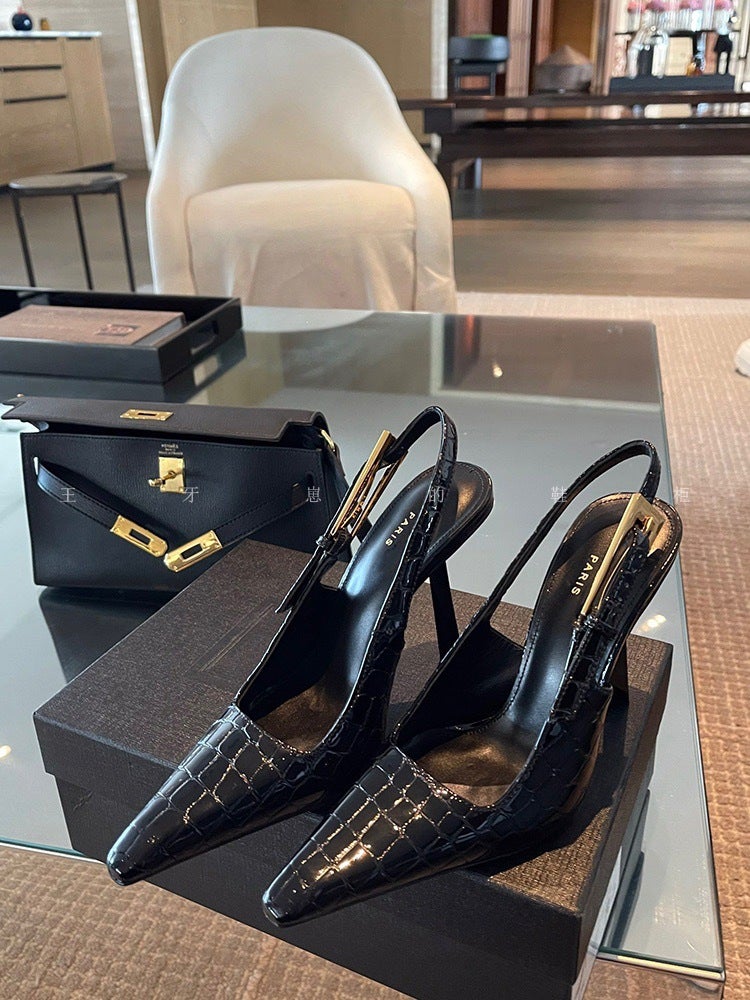 أحذية كعب عالي سوداء مربعة الأصابع بتصميم يانغ شولين 2024 ربيع مبكر جديدة بكعب معدني مغلق الأصابع - Image 1