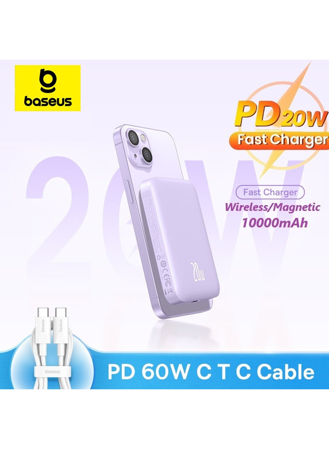 MagSafe Portable Charger, 10000mAh Wireless Magnetic Power Bank with 20W PD Type-C Cable, Slim Compact Battery Pack for iPhone 16/16 Pro/16 Pro Max, iPhone 15/14/13/12 Series, Fast Charging MagSafe-Compatible Charger for All Wireless Devices Purple