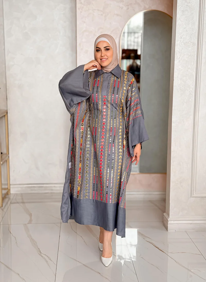 Marvella By Rasha Striped Embroidered Kuwaiti Galabiya