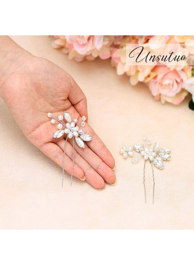 Unsutuo Bride Wedding Hair Pins Silver Crystal Bridal Hair Accessories Pearl Flower Hair Pieces For Women And Girls(Pack Of 2) (Silver) - Image 2