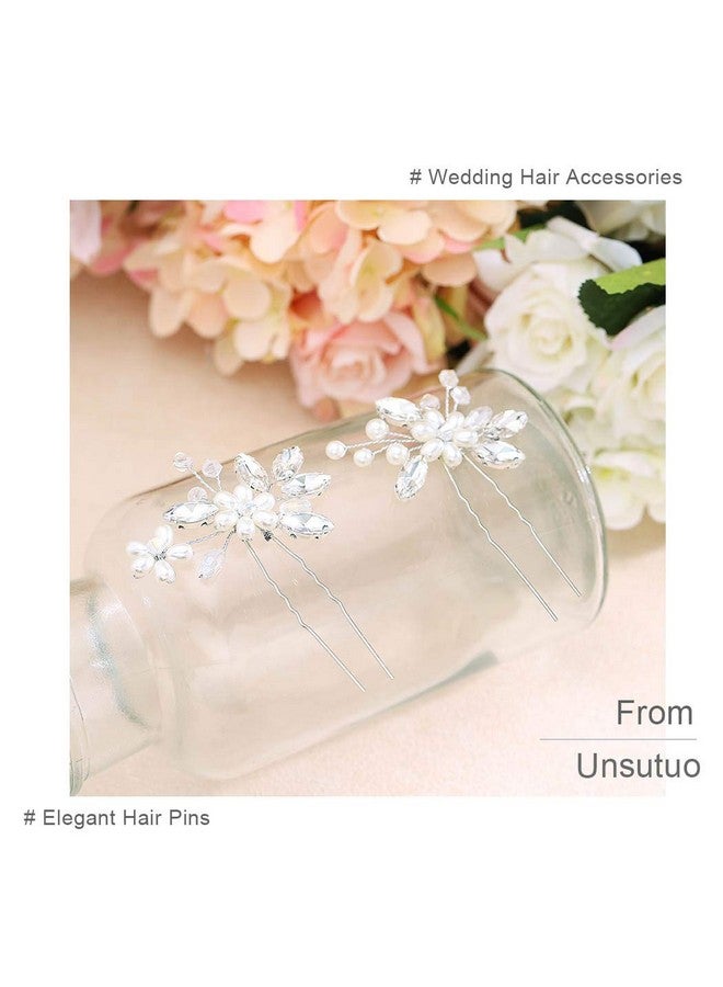 Unsutuo Bride Wedding Hair Pins Silver Crystal Bridal Hair Accessories Pearl Flower Hair Pieces For Women And Girls(Pack Of 2) (Silver) - Image 1