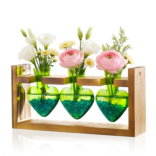 Nacome Plant Terrarium Propagation Stations: Mothers Day Gifts for Mom Plant Lovers Women Wife Daughter - 3 Bulb Glass Vase with Wooden Stand Tabletop for Hydroponics Home Garden Decor(Green) - Image 1