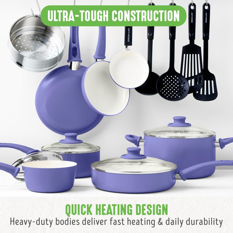 GreenLife 16 Piece Nonstick Cookware Set, Soft Grip Non-Toxic PFAS-Free Ceramic Pots & Pans, Dishwasher & Oven Safe, Frying, Sauce, Utensils, Glass Lids, Stay-Cool Handles, Wobble Free, Periwinkle - Image 2
