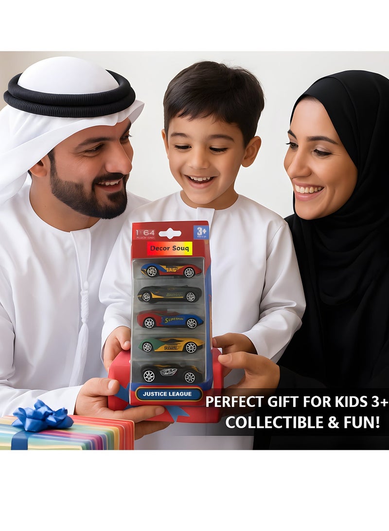 Toys R Us 1:64 Die-Cast Metal Car Set – 5 Justice League Superhero Alloy Cars for Kids – Batman, Superman, Wonder Woman, Aquaman, Cyborg – High-Speed Mini Toy Cars – Durable Metal Build – Fun Collectibles for Boys Ages 3+ – Justice League Superhero Model Cars for Racing & Gifting – Limited Stock - Image 1