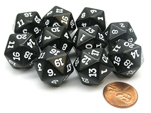 Koplow Games Set of 10 Twenty Sided 19mm D20 Opaque RPG Dice Black with White Numbers Die - Image 1