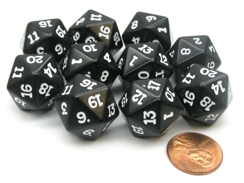 Koplow Games Set of 10 Twenty Sided 19mm D20 Opaque RPG Dice Black with White Numbers Die - Image 3