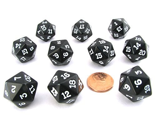 Koplow Games Set of 10 Twenty Sided 19mm D20 Opaque RPG Dice Black with White Numbers Die - Image 5