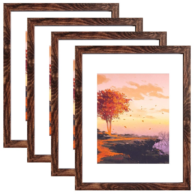 SESEAT 11x14 Picture Frame Pack of 4Display Pictures 8x10 with Mat or 11x14 Without MatWall Mounting Photo Frame Rustic Brown