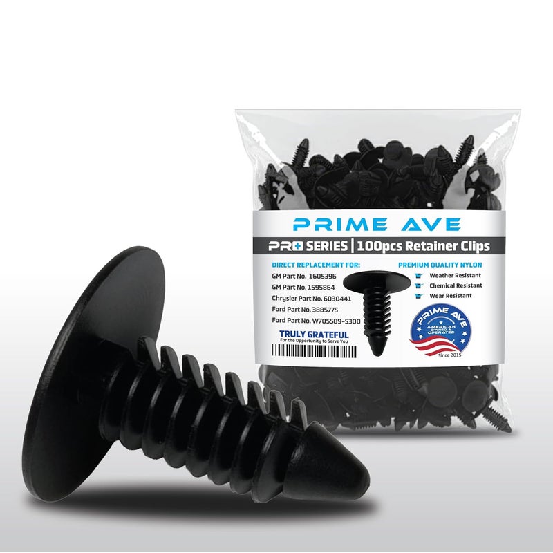 Prime Ave 100Pcs Auto Car Fender & Bumper Pro Fastener Clips for GM 1605396, 1595864; Chrysler 6030441; Ford 388577S, W705589-S300 Push Rivets for Splash Shields, Wheel Well, Underbody Panels & More - Image 1