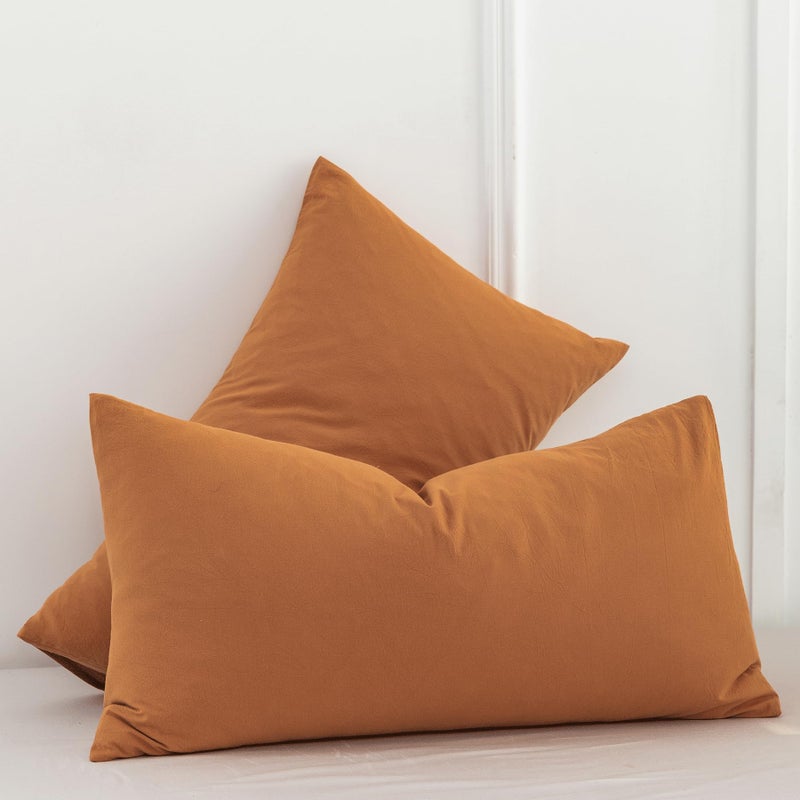 MooMee Bedding Pillowcases Pack of 2 100% Washed Cotton Linen Like Textured Breathable Durable Soft Comfy (Burnt Orange  Queen) - Image 3