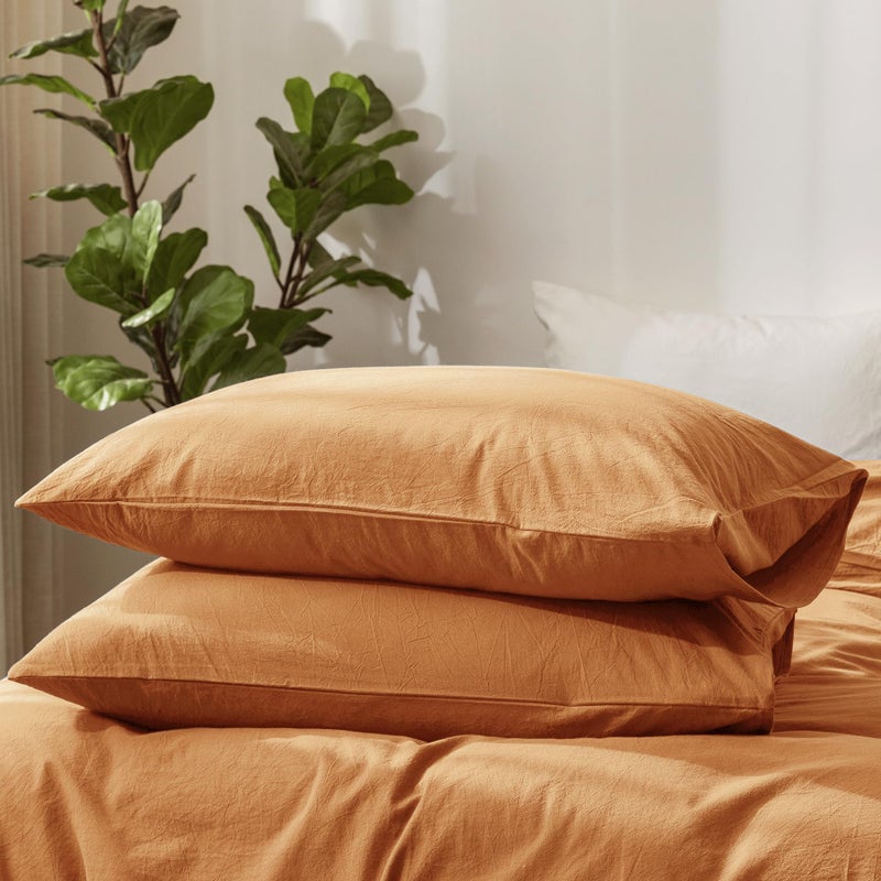 MooMee Bedding Pillowcases Pack of 2 100% Washed Cotton Linen Like Textured Breathable Durable Soft Comfy (Burnt Orange  Queen) - Image 1