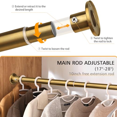 FOTRIC Closet Rods For Hanging Clothes, 17-28 Inch Adjustable Closet Rod, Stainless Steel Heavy Duty Closet Hanging Rod-Gold - Image 3