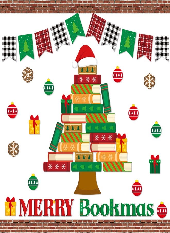 BeYumi Christmas Books Bulletin Board - 96Pcs Christmas Merry Bookmas Bulletin Board Border Set Xmas Book Tree Cutouts Red Brick Border Trim School Classroom Library Chalkboard Wall Party Decoration - Image 1