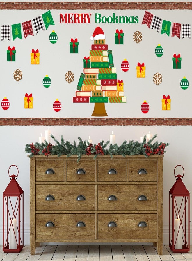 BeYumi Christmas Books Bulletin Board - 96Pcs Christmas Merry Bookmas Bulletin Board Border Set Xmas Book Tree Cutouts Red Brick Border Trim School Classroom Library Chalkboard Wall Party Decoration - Image 5